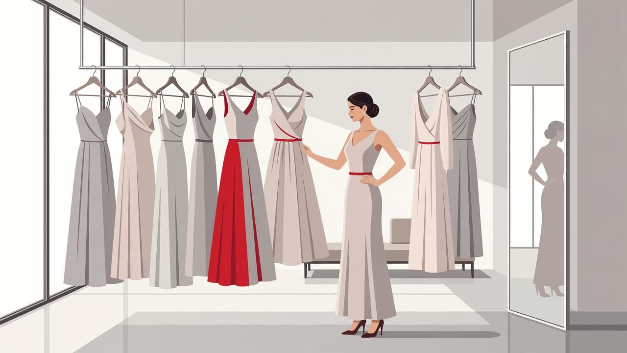 An illustrated woman stands before a rack of garments in a bright room. She gestures toward a selection of dresses, with a striking splash of red adding contrast to the palette.