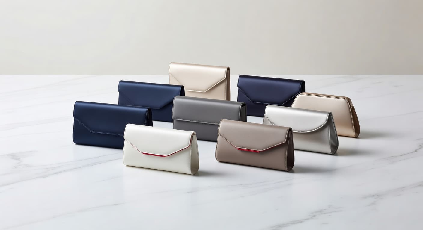 A refined collection of small handbags rests on a minimalist surface under soft, diffused lighting. Each clutch features unique textures, while one accessory stands out with a subtle crimson red detail.