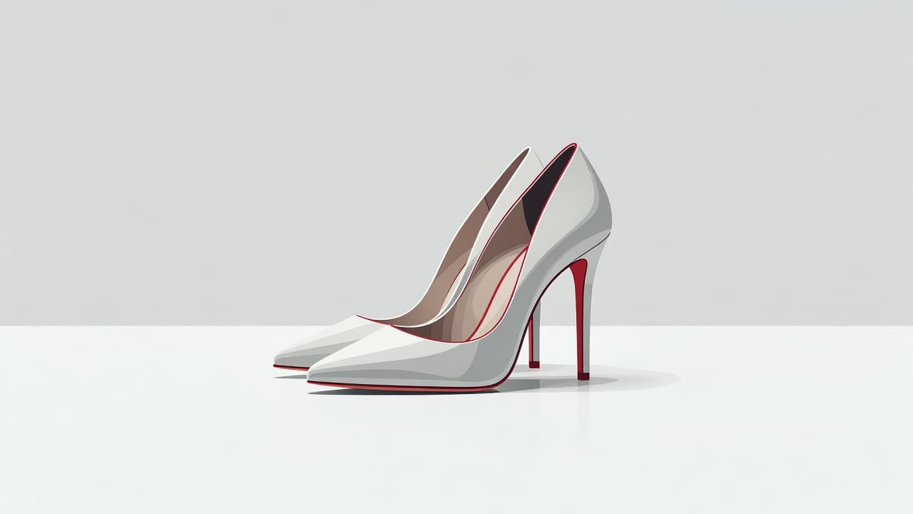A pair of sophisticated stiletto heels sits centrally on a pristine white surface. Minimalist design elements emphasize the graceful curves of the footwear, highlighted by a bold splash of crimson red.