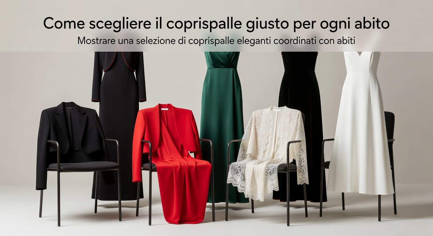 Several sophisticated shrugs and boleros in bold red hues are draped neatly over modern chairs next to floor-length formal gowns. This composition highlights fabric textures against a clean minimalist background.