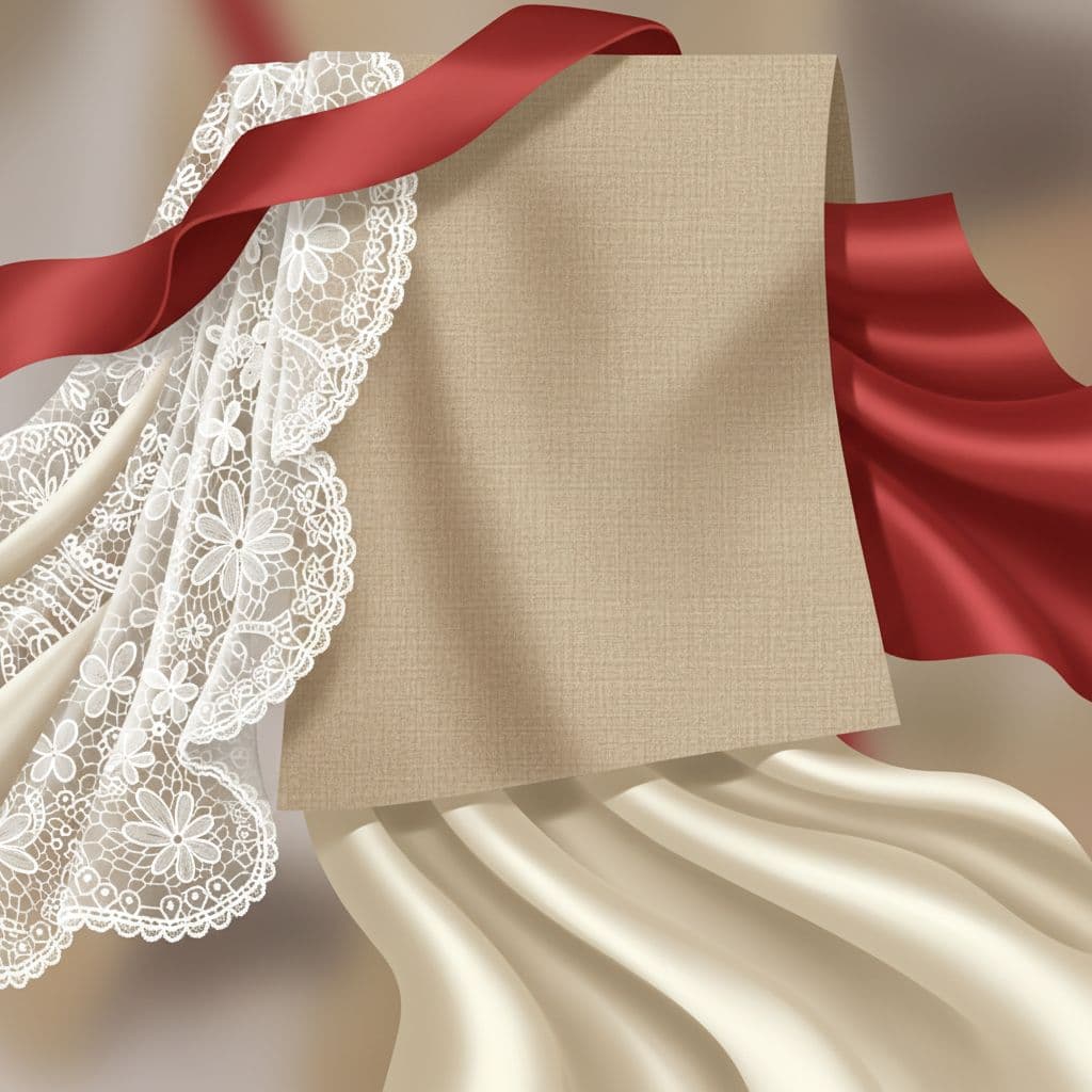 An artistic arrangement of overlapping textile samples features coarse linen, smooth silk, and delicate lace. Vivid red highlights pop against neutral off-white backgrounds, showcasing sophisticated material textures for warm seasonal fashion.
