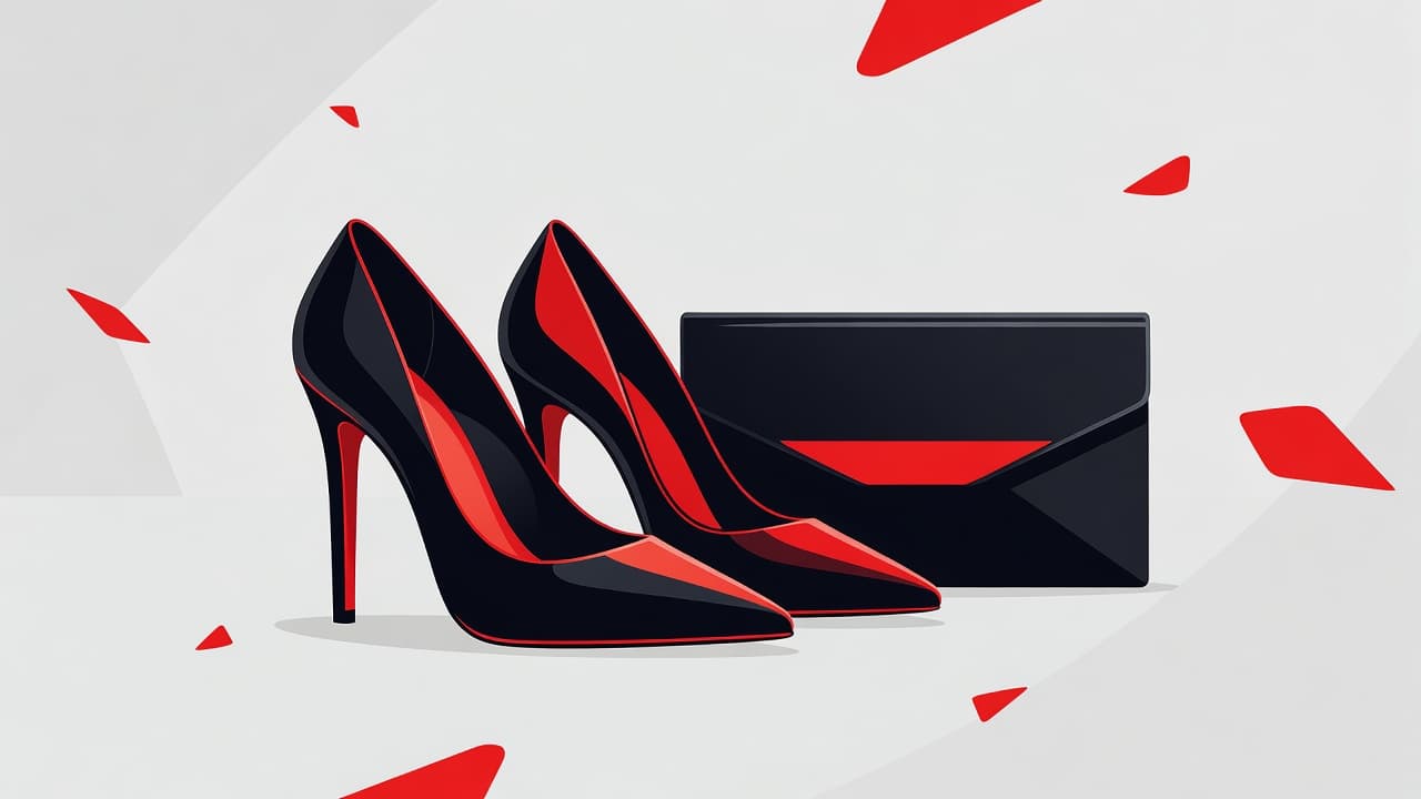 A pair of sophisticated high heels sits beside a matching clutch purse on a clean, neutral surface. Bold red accents provide a vibrant contrast to the minimalist, stylized modern illustration design.