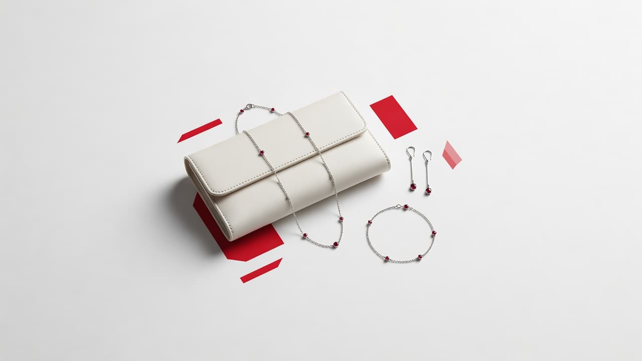 A stylish clutch purse rests beside refined gold jewelry on a pristine white surface. Bold pops of deep red accent the composition, creating a minimalist display suitable for wedding styling inspiration.