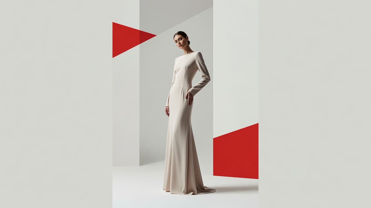A woman stands gracefully wearing a sophisticated tailored dress against a clean neutral wall. Bold red accents highlight the minimalist background, emphasizing her refined pose and the clean lines of her attire.