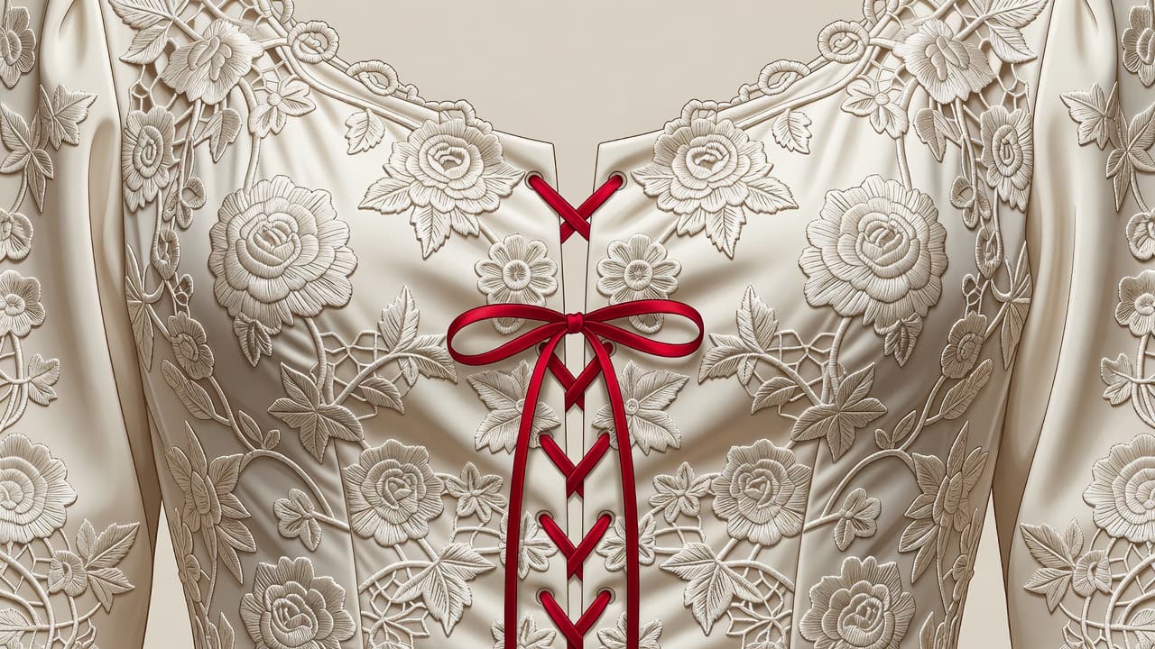 A close-up view of a delicate white corset features intricate floral lace embroidery and clean stitched lines. A thin, vibrant red ribbon weaves through the fabric to provide a bold contrast.