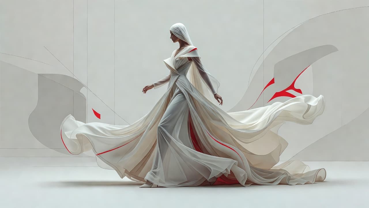 A bride walks forward in a minimalist setting while her flowing silk dress billows in motion. The design features abstract lines and clean silhouettes accented by sharp touches of deep red.