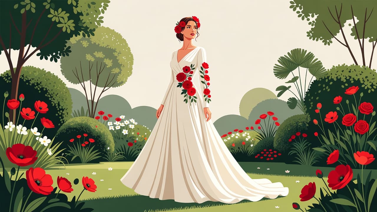 A bride stands gracefully in a sunlit garden wearing a flowing ivory gown with soft lines. Bold red floral accents provide a striking contrast against the serene, neutral background environment.