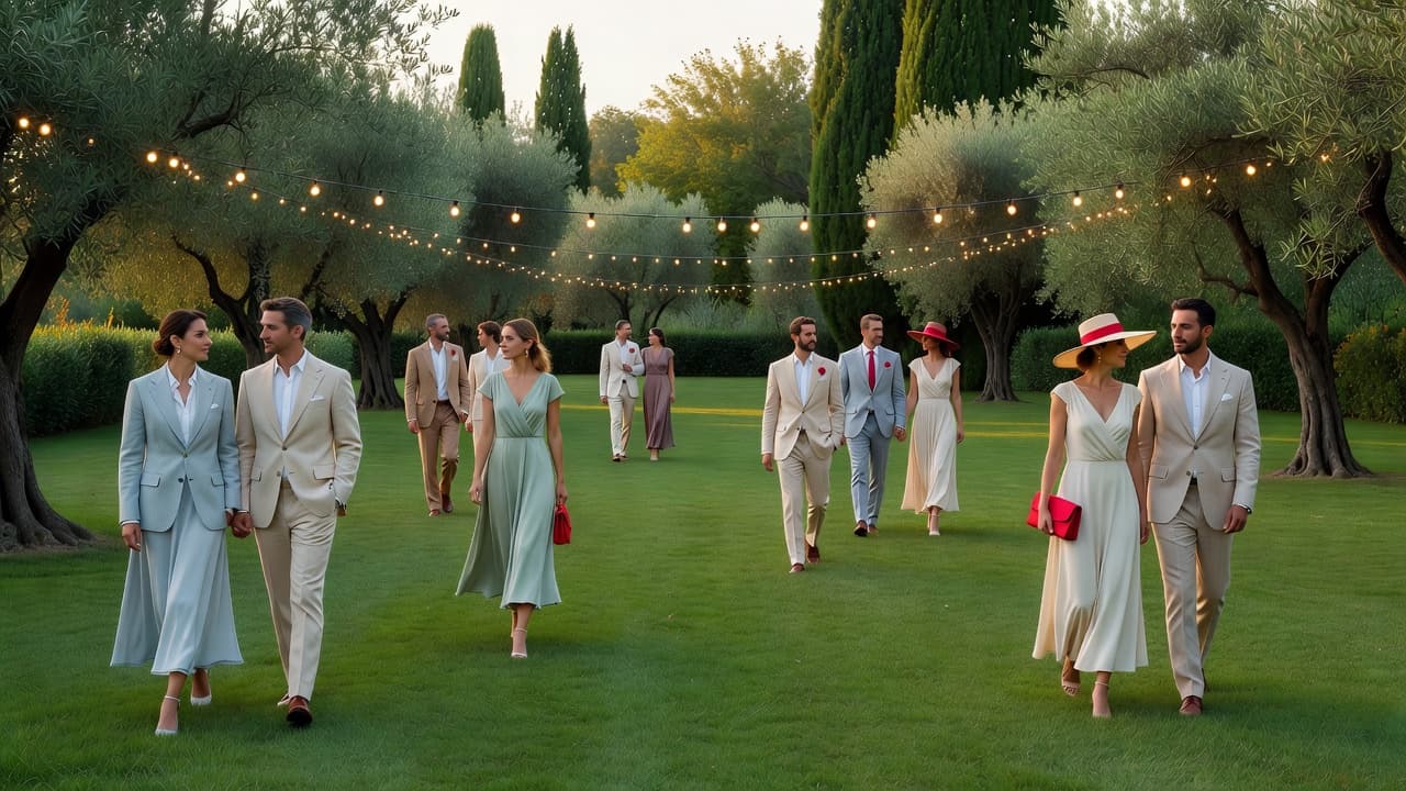 Ospiti eleganti passeggiano su un prato verdeggiante durante una cerimonia all'aperto, mentre calde luci dorate penzolano dai rami degli alberi. Dettagli in rosso vibrante risaltano tra la vegetazione circostante in questa scena.