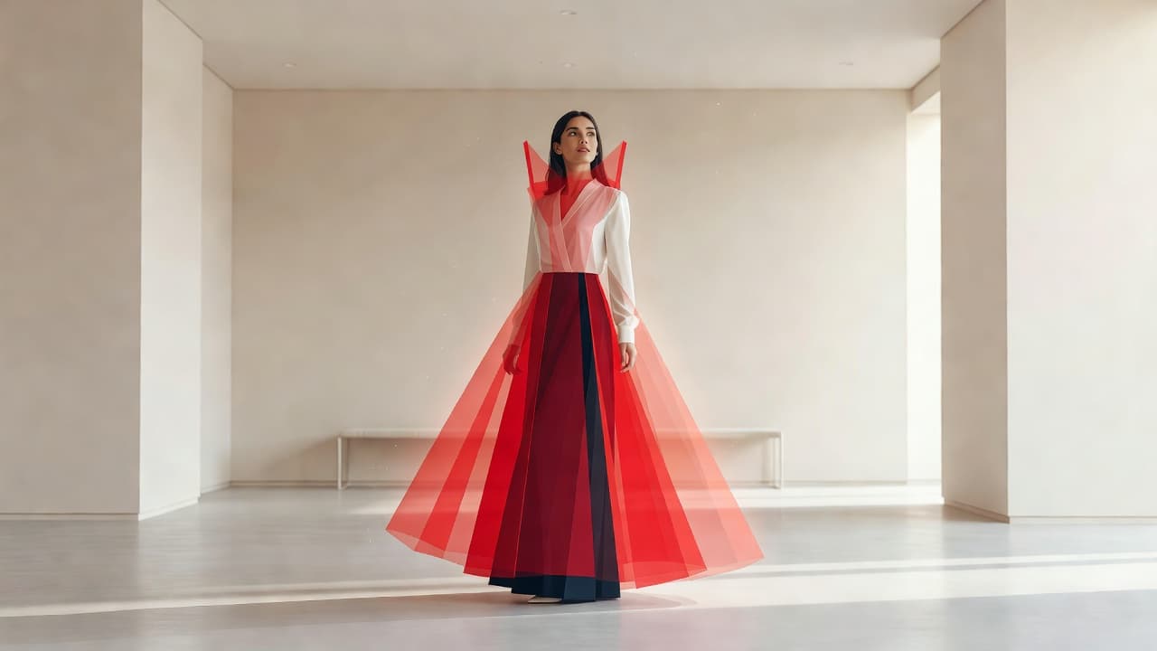 A young woman stands inside a bright, clean bridal studio, gazing thoughtfully at silk gowns. The minimalist space features sharp geometric lines and a striking, singular saturated red accent chair.