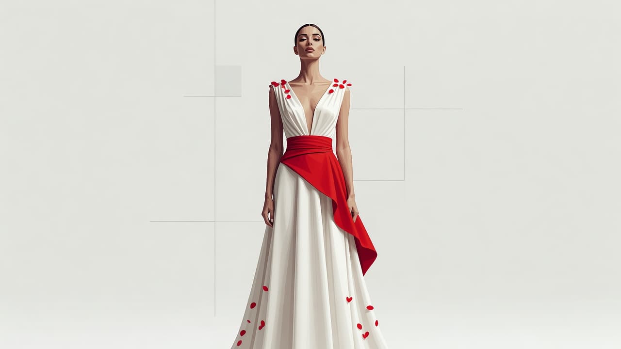 A bride models a contemporary wedding gown featuring a daring deep V-neckline against a clean minimalist backdrop. A striking splash of saturated red adds a bold contrast to the elegant design.