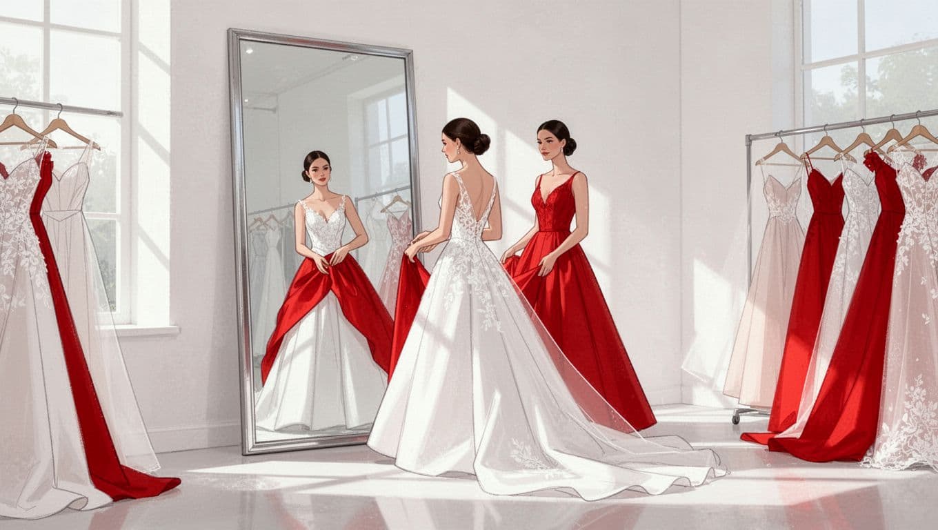 A stylish bride stands before a tall mirror in a minimalist studio. She experiments with different flowing skirt silhouettes while elegant red accents highlight the clean white background of the room.