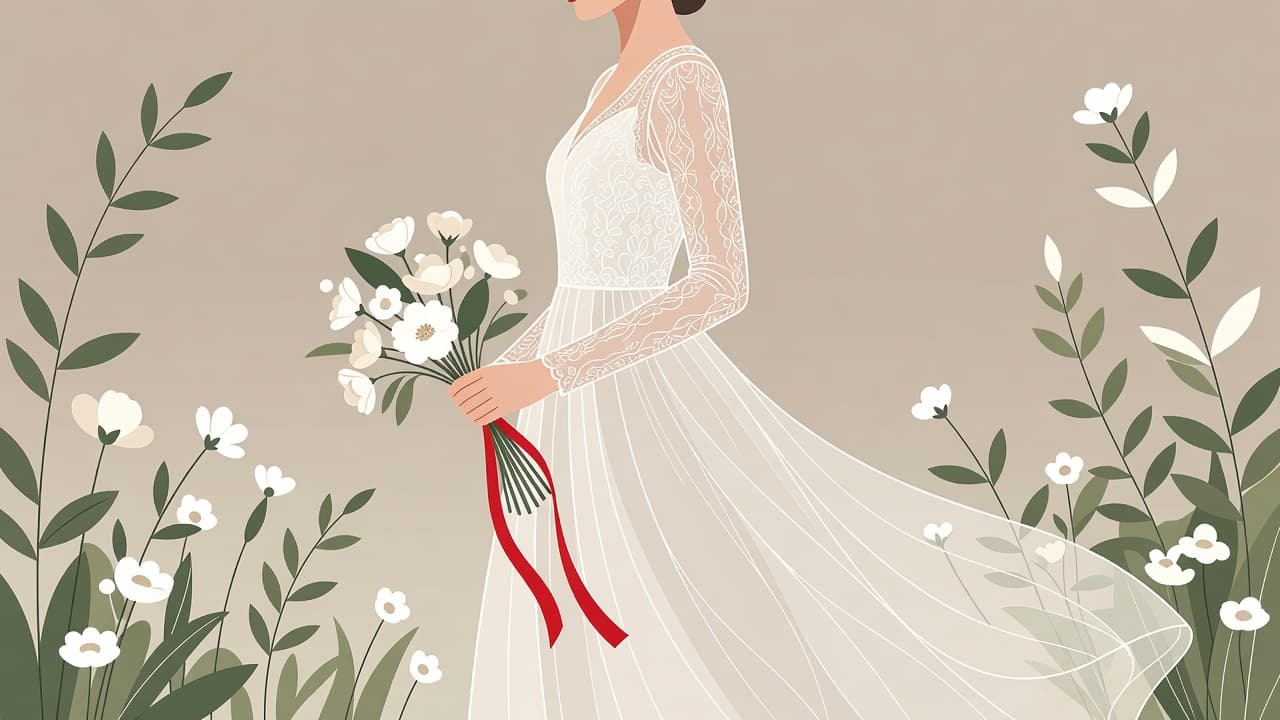 A bride stands in a garden wearing a dress featuring intricate long lace sleeves that highlight fabric movement. A vibrant red ribbon tied around her bouquet provides a bold color contrast.