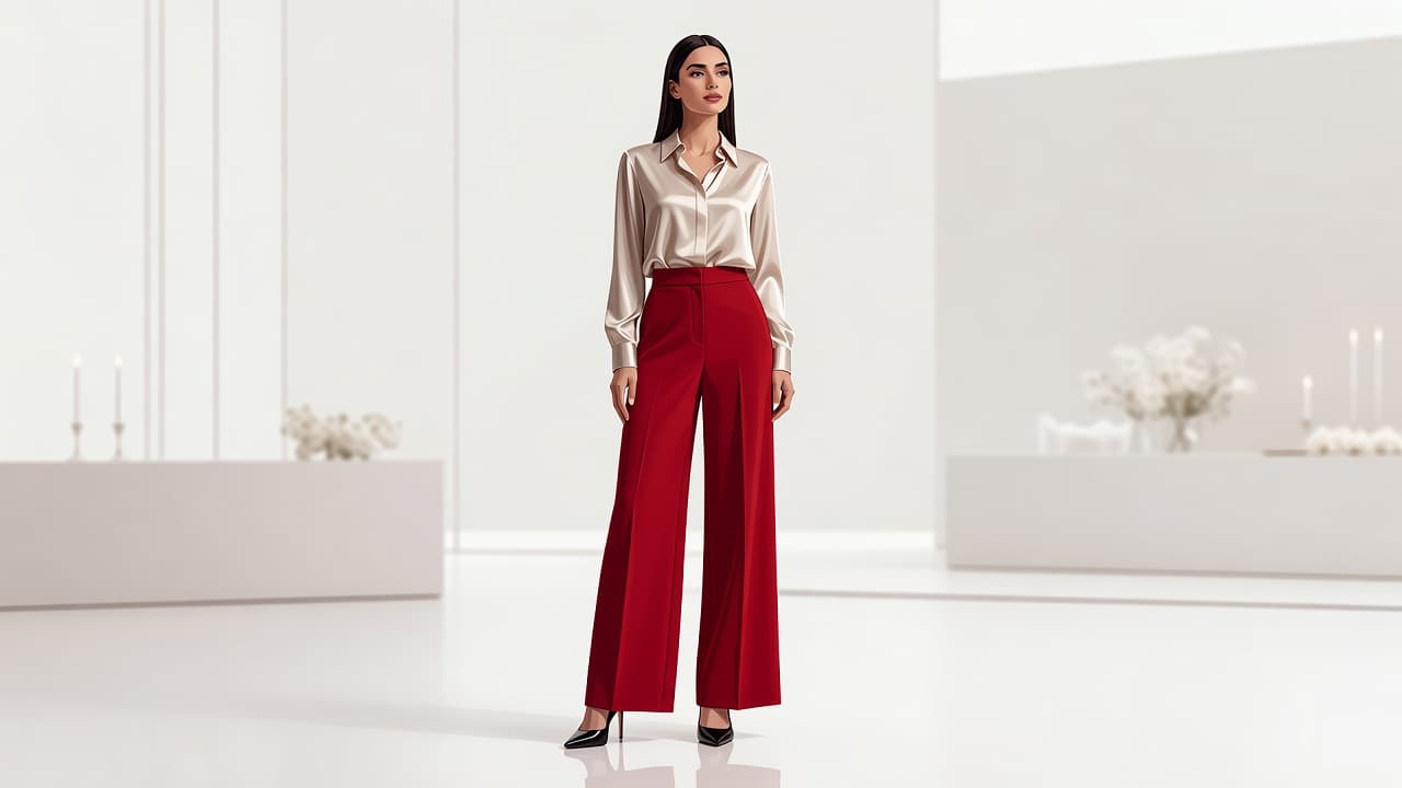 Una figura femminile indossa ampi pantaloni di seta e tacchi alti all'interno di una luminosa sala eventi. L'abito presenta un vibrante accento rosso, mantenendo uno stile minimalista e raffinato per cerimonie.