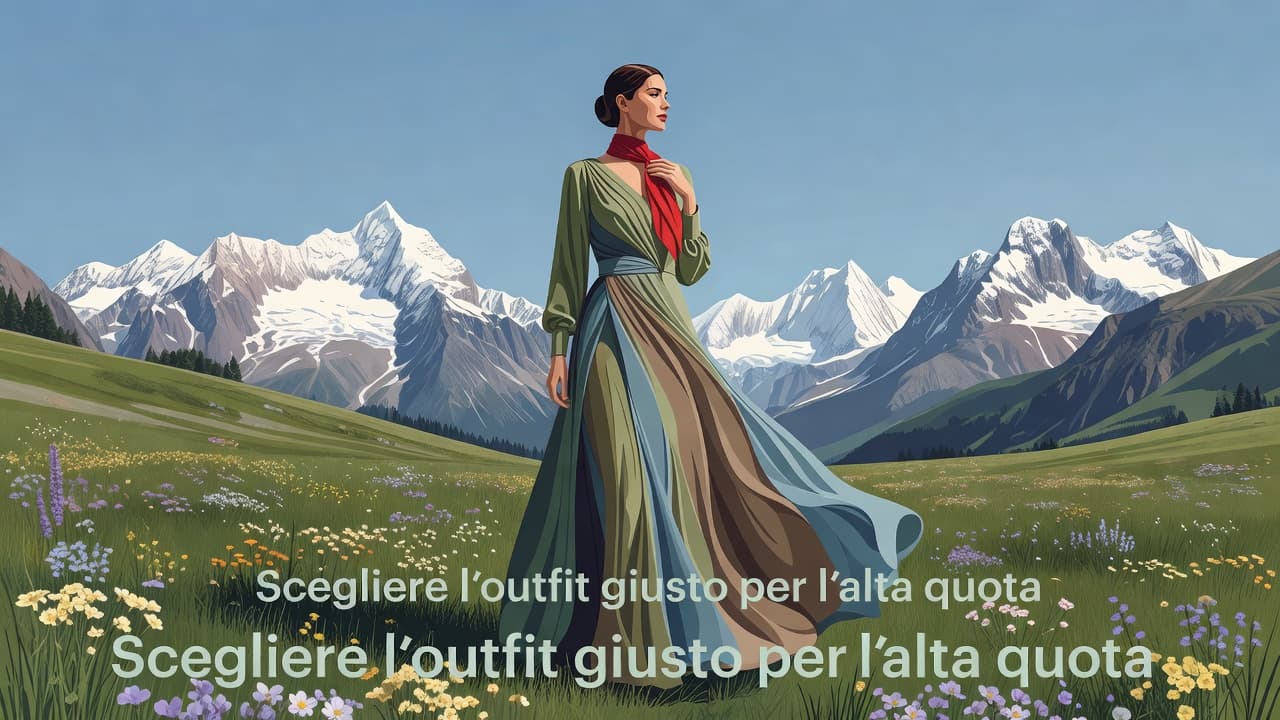 Una giovane donna indossa un raffinato abito cerimoniale dalle tonalità boschive su un prato alpino. Il foulard rosso brillante spicca nitidamente contro le maestose vette innevate che dominano lo sfondo azzurro.
