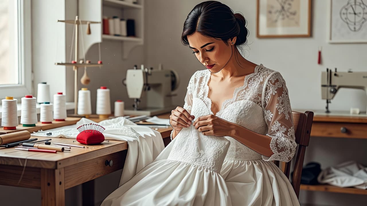 A focused tailor meticulously stitches delicate lace onto a white wedding dress in a cozy studio. A single vibrant red pin cushion adds a bold pop of color to the scene.