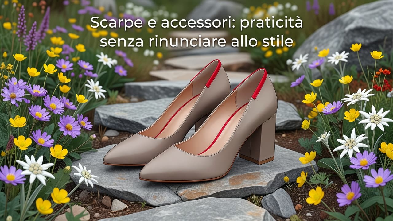 Un paio di eleganti calzature con tacco largo poggiano su un sentiero acciottolato in pietra. Intorno ai piedi sbocciano delicati fiori alpini che contrastano con il dettaglio rosso intenso presente sulla scarpa.