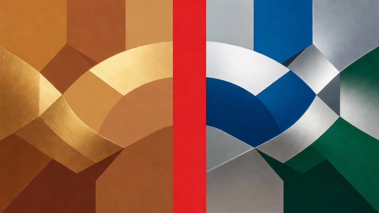 A split illustration displays warm gold and earthy brown tones on the left side, contrasted with cool silver and deep jewel blue hues on the right, punctuated by a bold red accent.