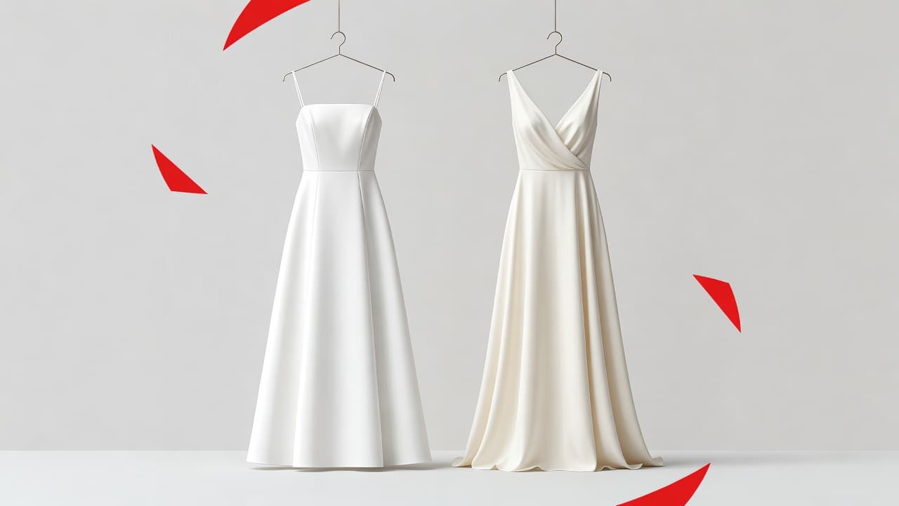 Two elegant floor-length wedding dresses hang side by side against a neutral backdrop. The left gown features a brilliant optic white silk, while the right displays a warm, soft ivory satin.