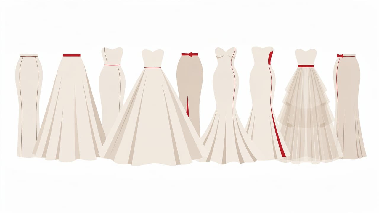 An elegant collection of bridal gown silhouettes displays varied skirt shapes against a clean white background. Vivid red accents highlight specific contours, emphasizing the minimalist aesthetic and sophisticated modern bridal design.