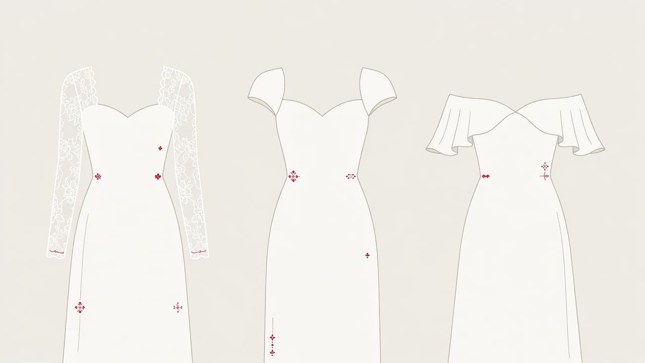Three bridal gown silhouettes are displayed against a soft cream background. Each dress features a unique sleeve style, including delicate illusion lace, cap sleeves, and off-the-shoulder flutter sleeves with red details.