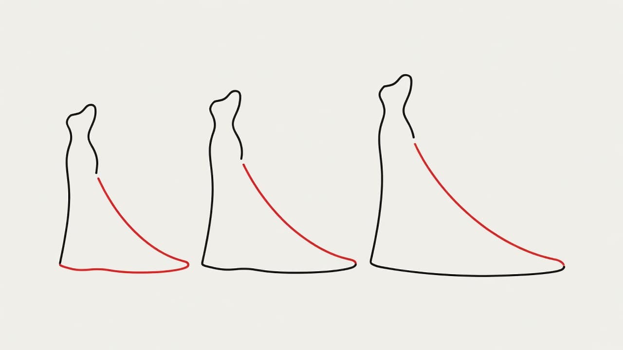 Three elegant bridal gown outlines display distinct train lengths against a neutral background. Vivid red lines trace the hemlines and edges of each chapel, cathedral, and sweep silhouette for clear comparison.