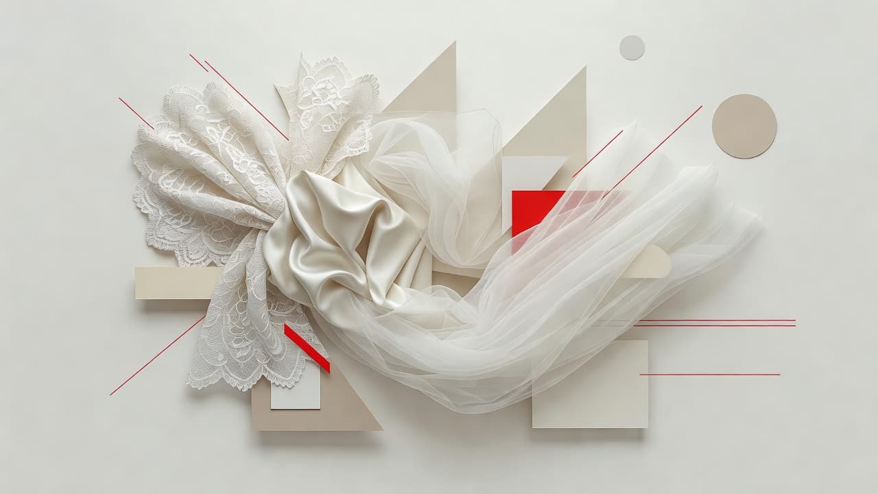 Exquisite layers of lace, silk, and tulle are artfully arranged against a minimal backdrop. Vibrant deep red accents contrast beautifully with the elegant neutral palette of these sophisticated bridal gown textiles.