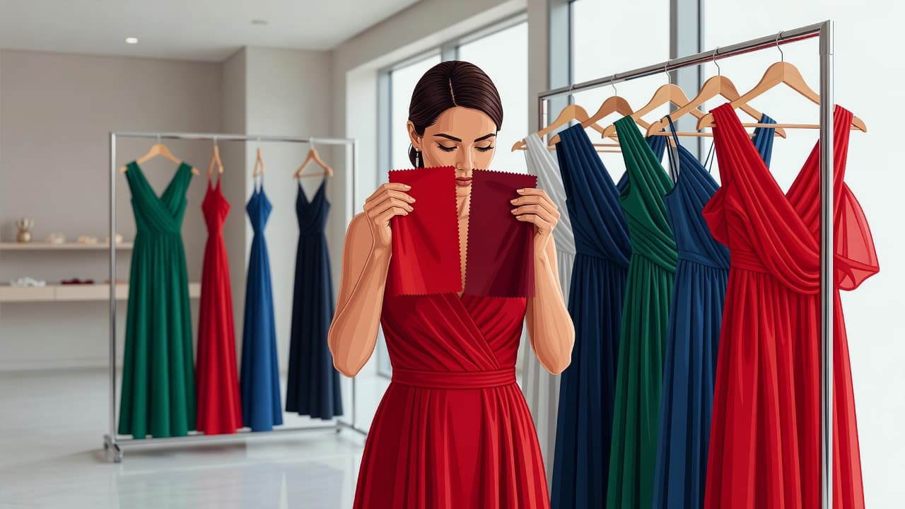 A woman stands in a bright dressing room examining elegant formal dresses. She holds two vibrant red fabric samples against her face to evaluate which shade best complements her skin tone.