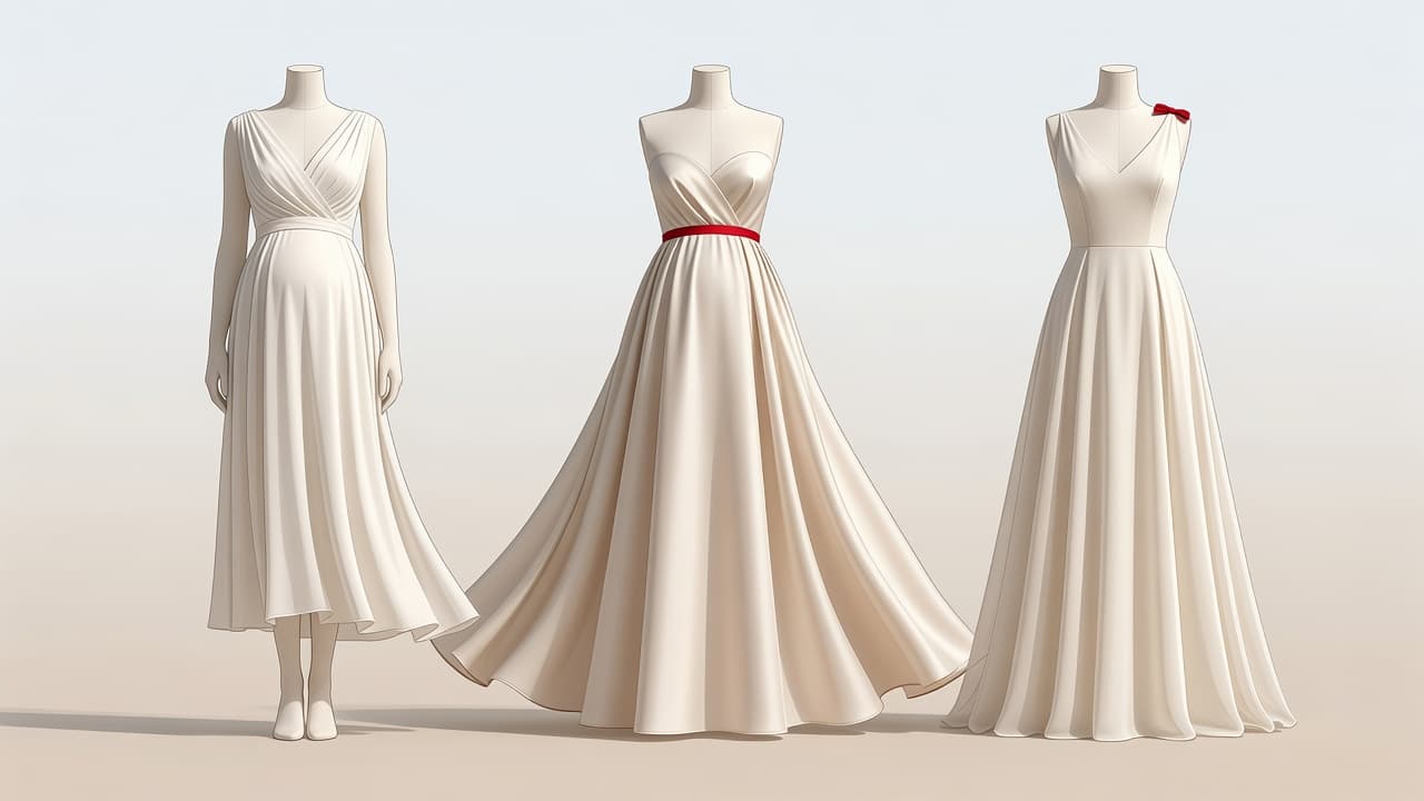 Tre manichini espongono modelli diversi di abiti per future mamme, tra cui un vestito a portafoglio e uno a impero, caratterizzati da linee pulite e vivaci dettagli rossi che ne esaltano il drappeggio.