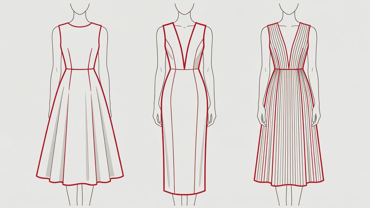 Tre bozzetti stilizzati raffigurano abiti eleganti con accenti in rosso acceso. I disegni evidenziano una vita alta, una scollatura profonda e linee verticali studiate appositamente per slanciare otticamente la figura femminile minuta.