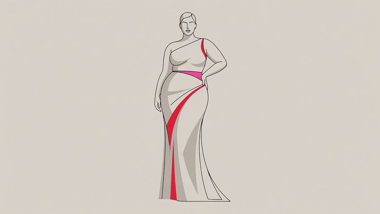 Una donna con curve morbide indossa un raffinato abito lungo da cerimonia dal design minimalista. La silhouette fluida è enfatizzata da un vibrante accento color magenta su uno sfondo neutro e luminoso.