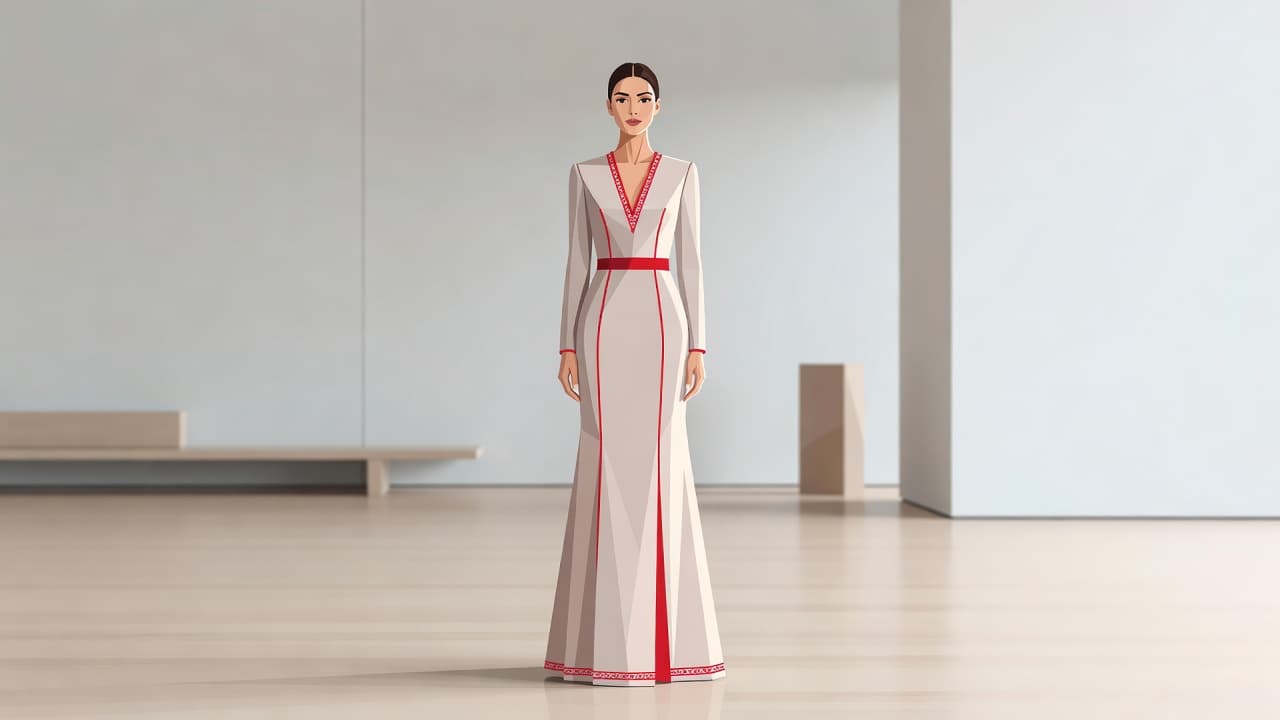 Una donna dalla figura minuta indossa uno splendido abito da cerimonia rosso con scollo a V in una stanza minimalista. La linea sartoriale dell'abito slancia la silhouette creando un effetto elegante.