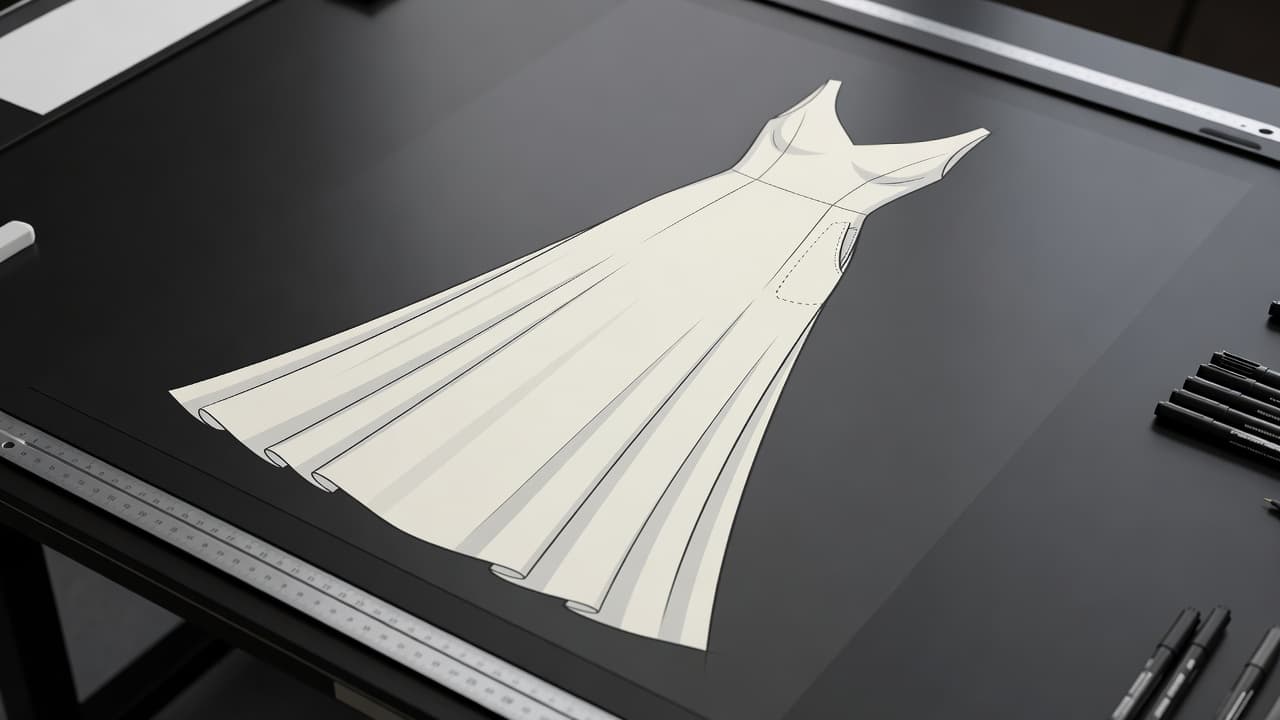 Bozzetto di un abito da sposa moderno con tasche su un tavolo.