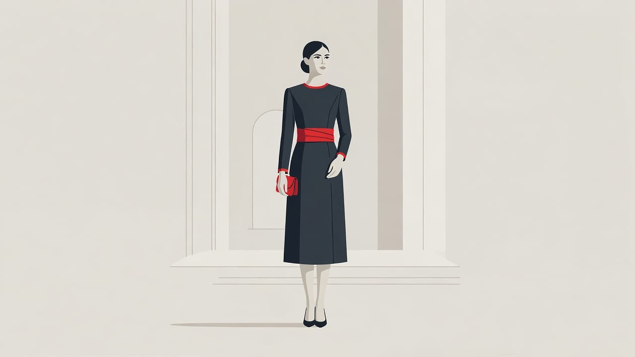 Una donna indossa un raffinato vestito midi in uno stile sobrio ed elegante, caratterizzato da linee pulite. Il design presenta vivaci accenti di colore rosso su un fondo neutro e minimalista.