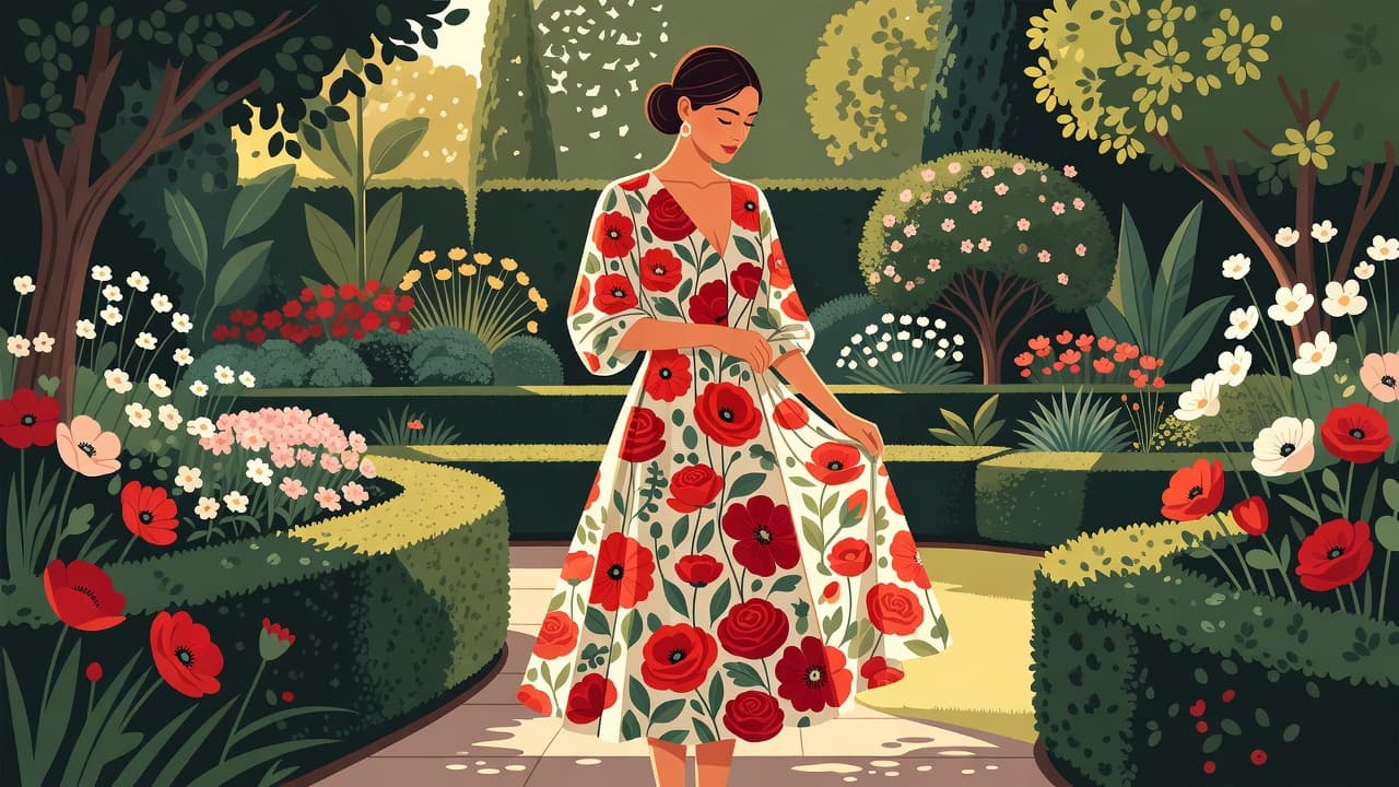 Una donna elegante con abito floreale in un giardino soleggiato.