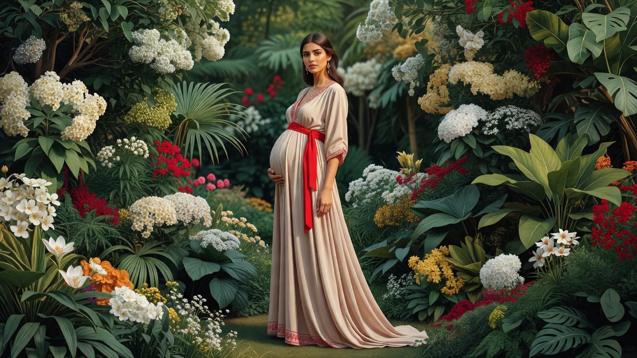 Una donna in dolce attesa indossa un raffinato abito lungo color neutro mentre posa in un giardino rigoglioso. Il vestito presenta un audace accento rosso e una linea fluida che valorizza la silhouette.