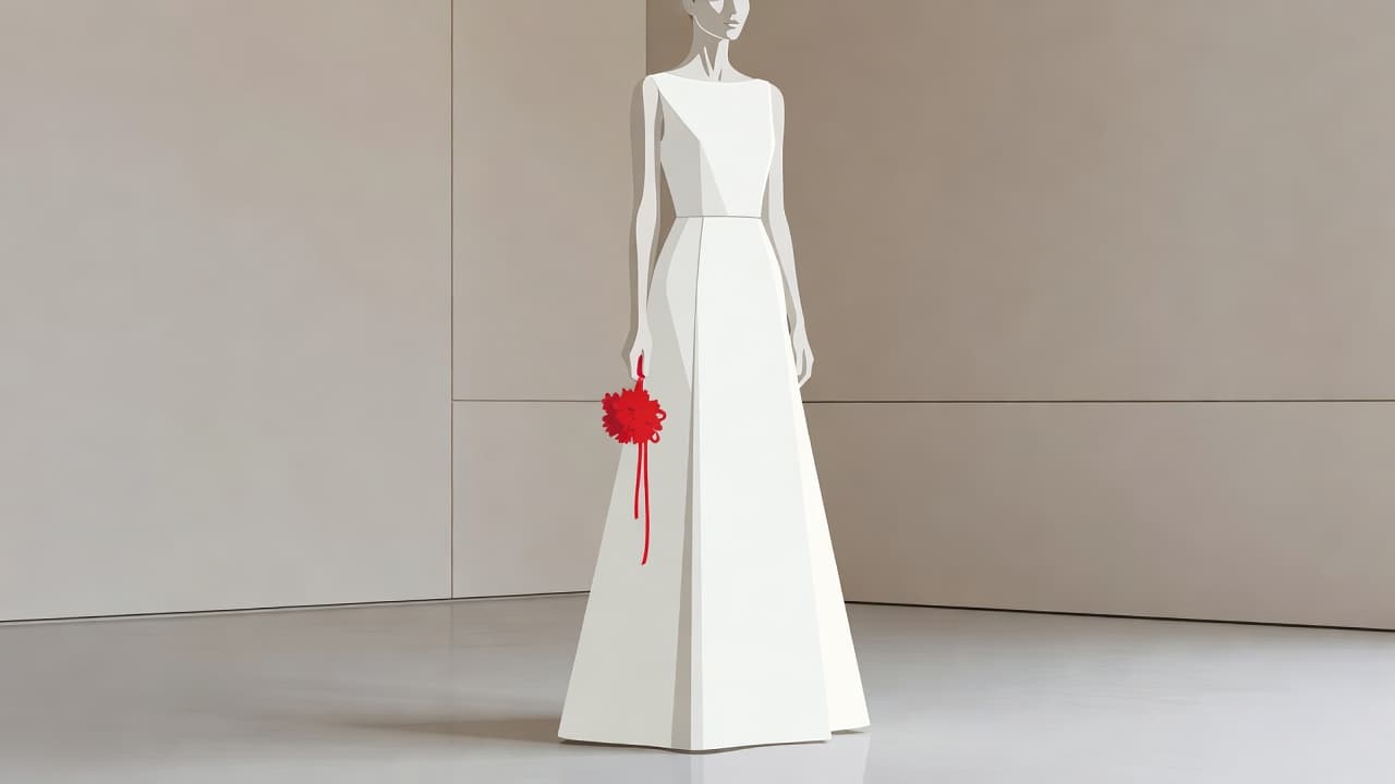 Una sposa indossa un abito bianco dal taglio pulito ed elegante in una stanza dai toni neutri. Un vivace dettaglio floreale rosso aggiunge un contrasto cromatico audace alla composizione minimalista dell'abito.