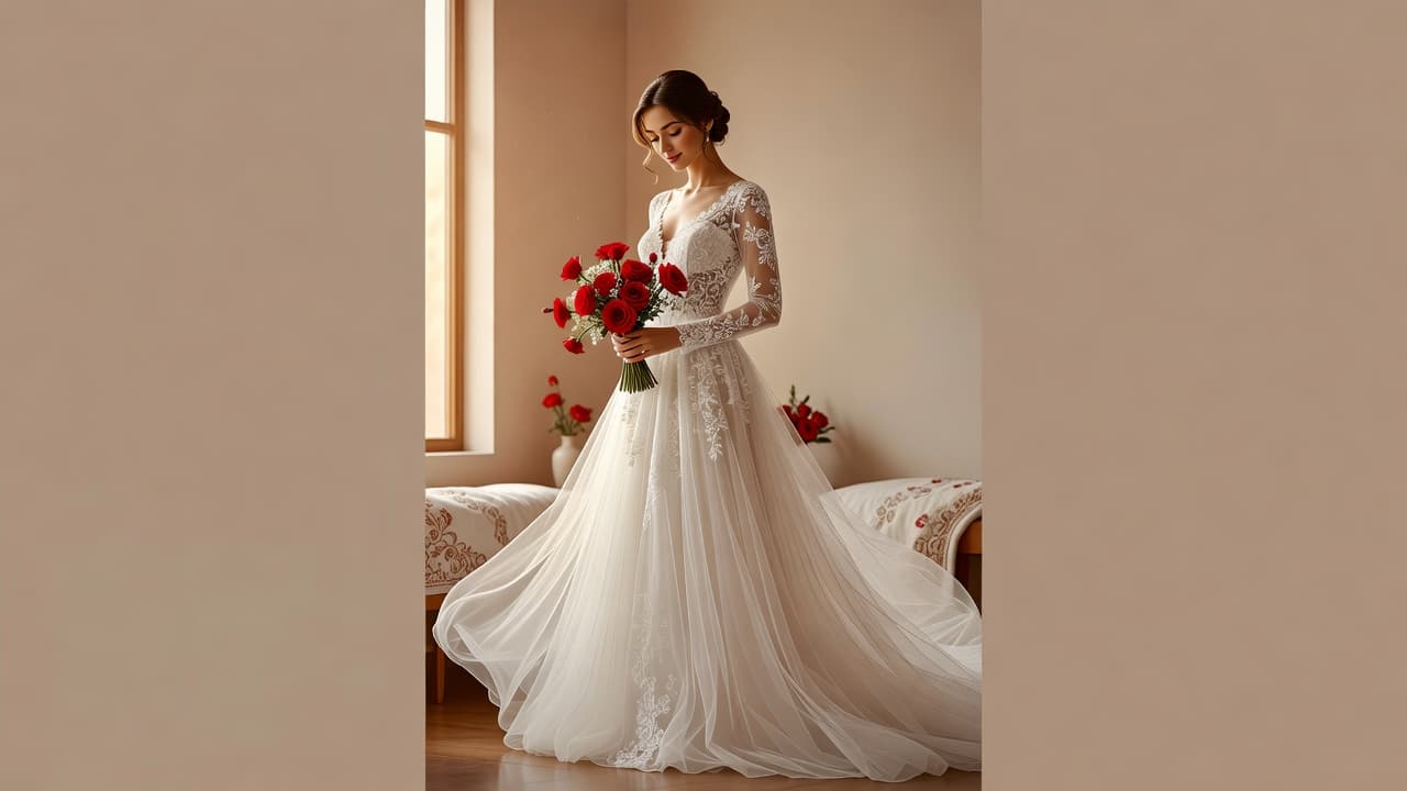 Una sposa indossa un elegante abito con ricami in pizzo e una voluminosa gonna in tulle. Un bouquet con piccoli fiori rossi accende la scena in un'atmosfera calda e raffinata.