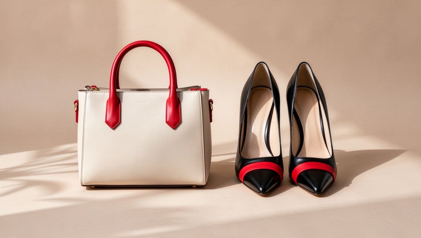 Una borsa minimalista dalle linee pulite è affiancata da un paio di classiche scarpe con tacco. Dettagli di un rosso intenso risaltano con eleganza su uno sfondo dai toni neutri e soffusi.