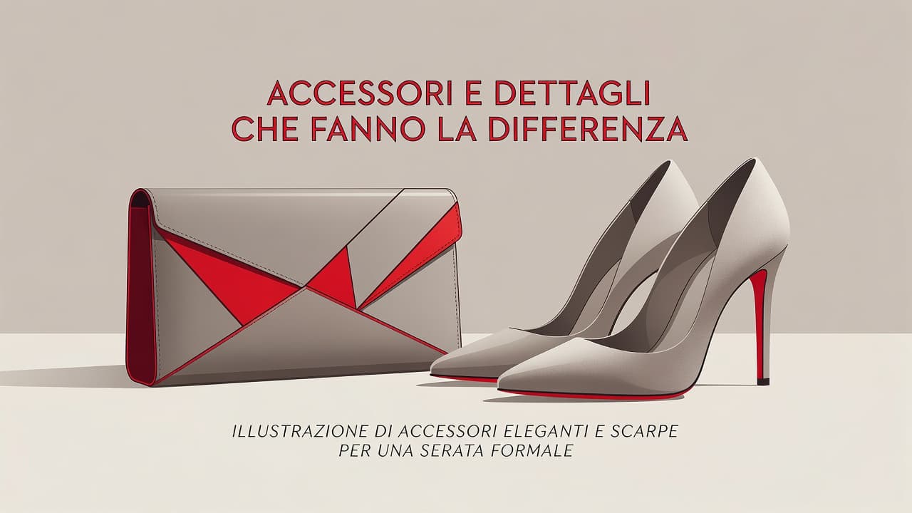 Un'illustrazione moderna presenta una pochette elegante accostata a scarpe con tacco alto. Dettagli in rosso acceso risaltano contro uno sfondo neutro caratterizzato da linee pulite e forme grafiche ben definite.