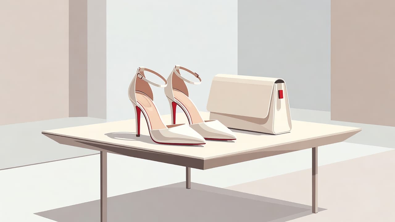 Un paio di tacchi alti e una borsa minimalista riposano su un tavolo dal design geometrico contemporaneo. La luce naturale esalta le tonalità neutre dell'insieme con vivaci accenti di colore rosso acceso.