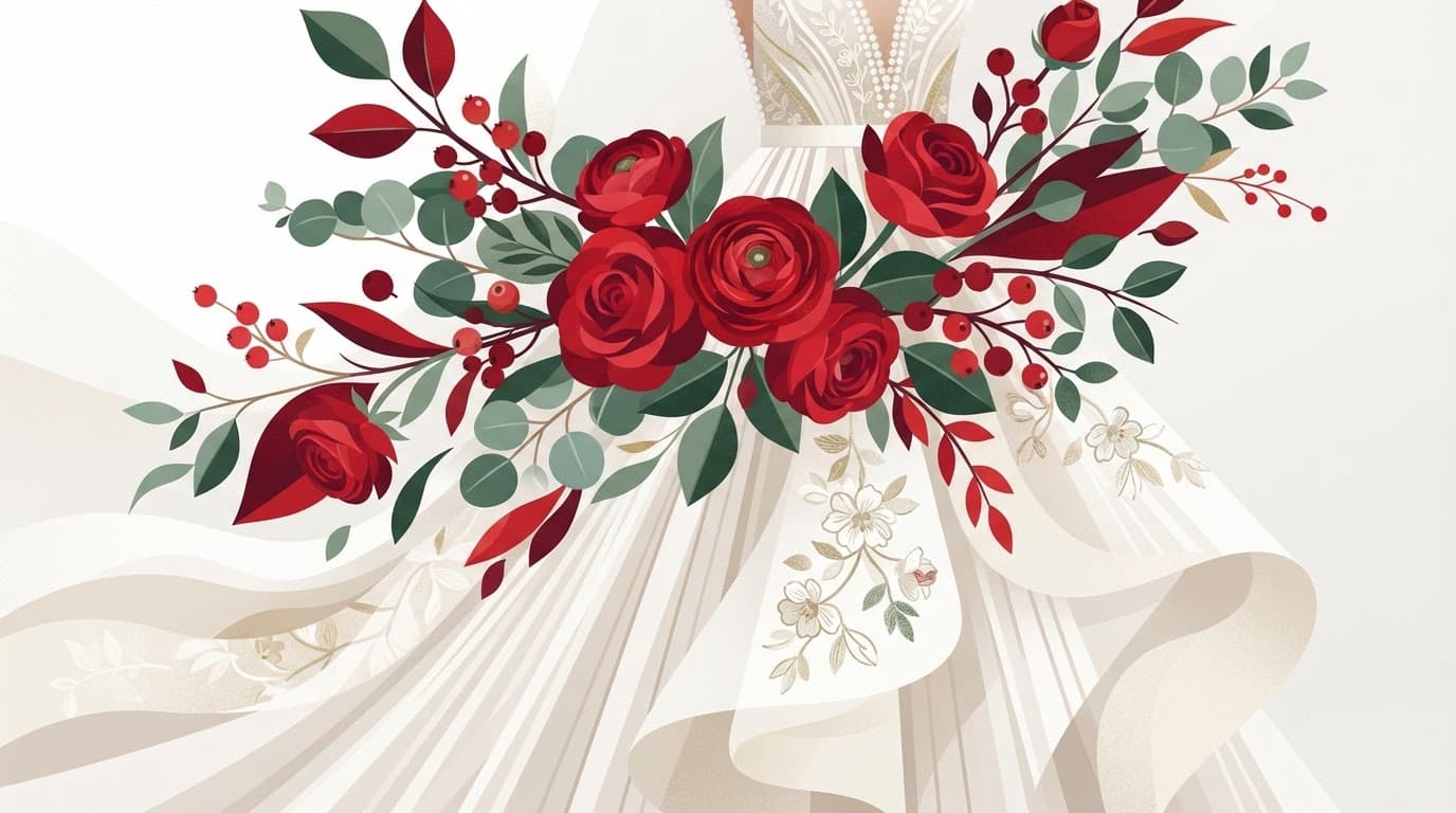 Dettagli di tessuti per abito da sposa e fiori rossi su sfondo bianco.