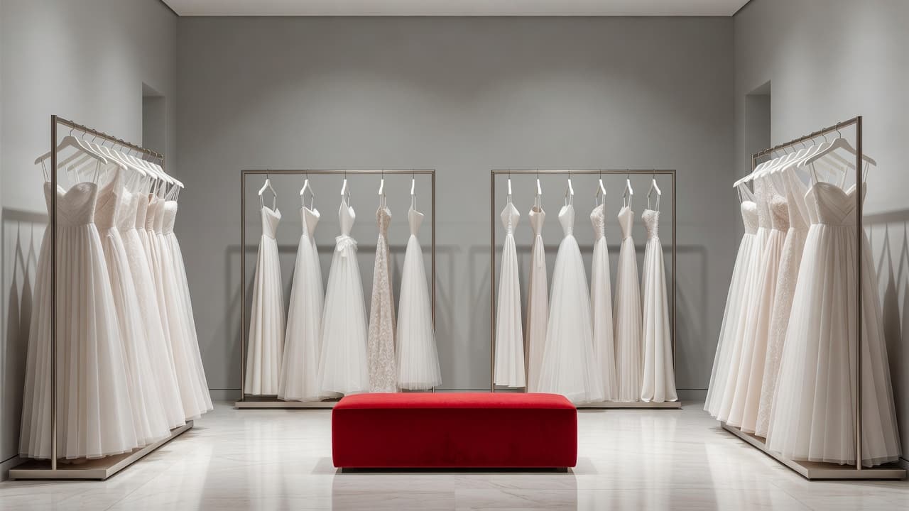 Abiti da sposa eleganti appesi sui rack in un negozio moderno.