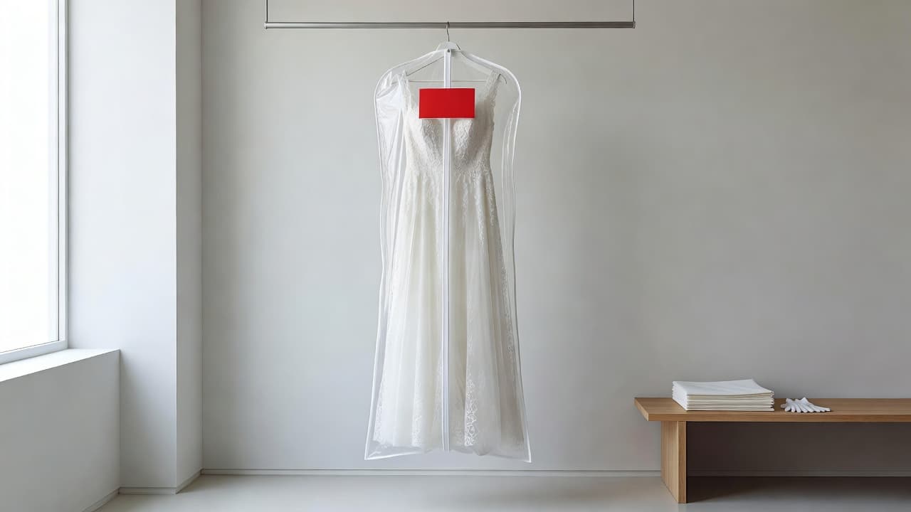 Un abito da sposa bianco protetto in una custodia trasparente in una stanza luminosa.