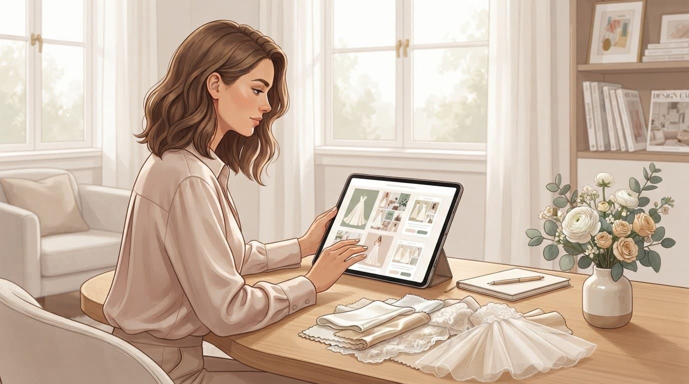 Un tablet con siti di abiti da sposa, fiori e tessuti su un tavolo elegante.