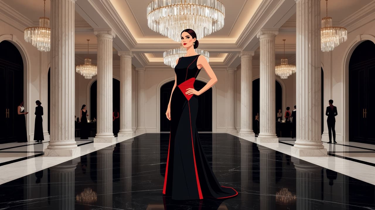Una figura femminile con un lungo vestito minimalista si trova all'interno di un salone raffinato. La scena presenta forme geometriche pulite, tonalità sobrie e dettagli vibranti in rosso acceso.