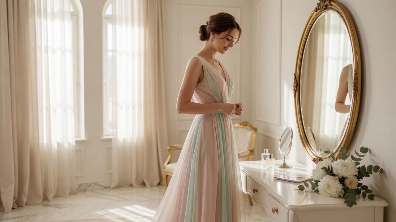 Una giovane donna osserva il suo riflesso nello specchio di una stanza luminosa, indossando un raffinato abito da cerimonia color pastello. L'ambiente è curato e sereno, ideale per i preparativi nuziali.