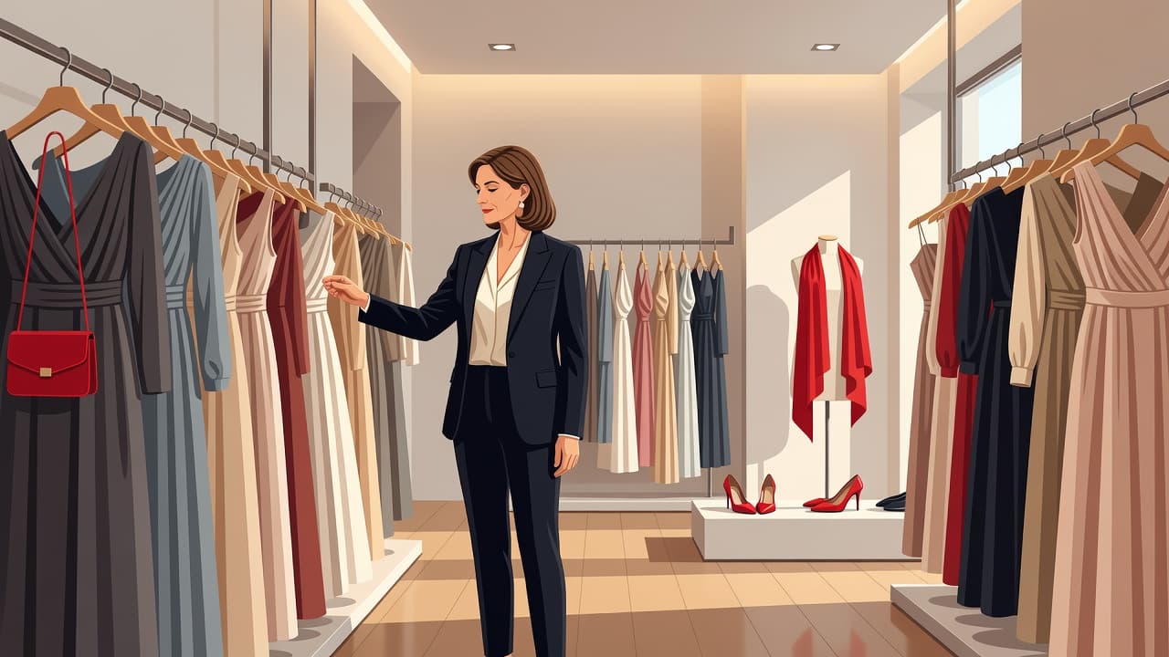 Una donna matura osserva con attenzione alcuni abiti raffinati all'interno di un negozio di moda. L'ambiente è caratterizzato da luci calde e dettagli rossi intensi che risaltano sugli accessori esposti.