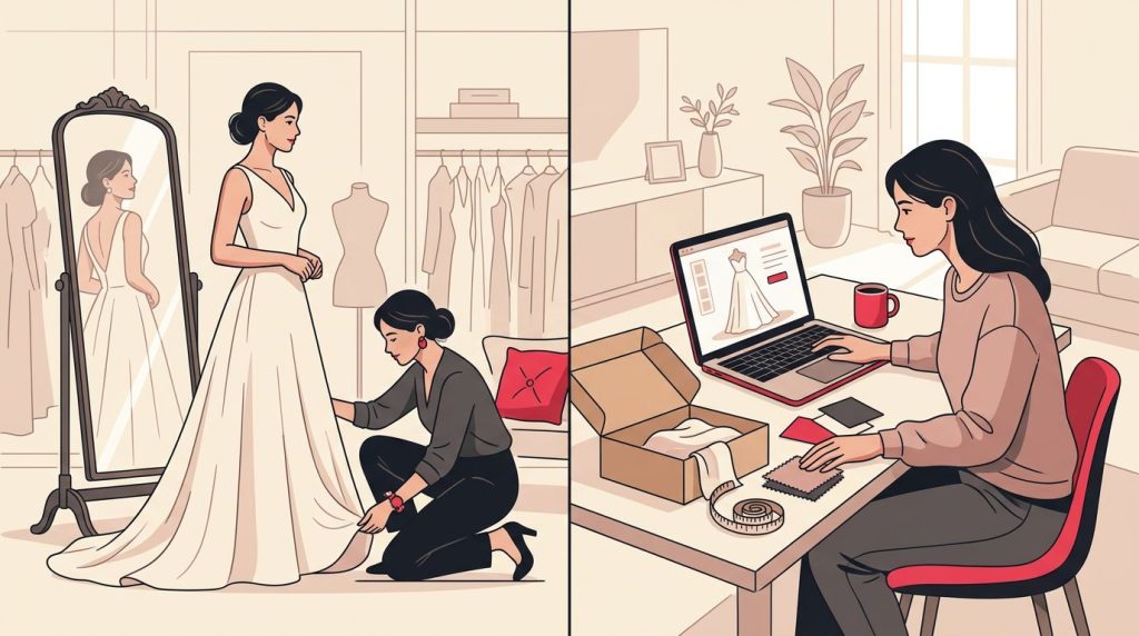 Illustrazione divisa tra una sposa in atelier e la stessa donna che sceglie l'abito online da casa.
