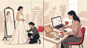 Illustrazione divisa tra una sposa in atelier e la stessa donna che sceglie l'abito online da casa.