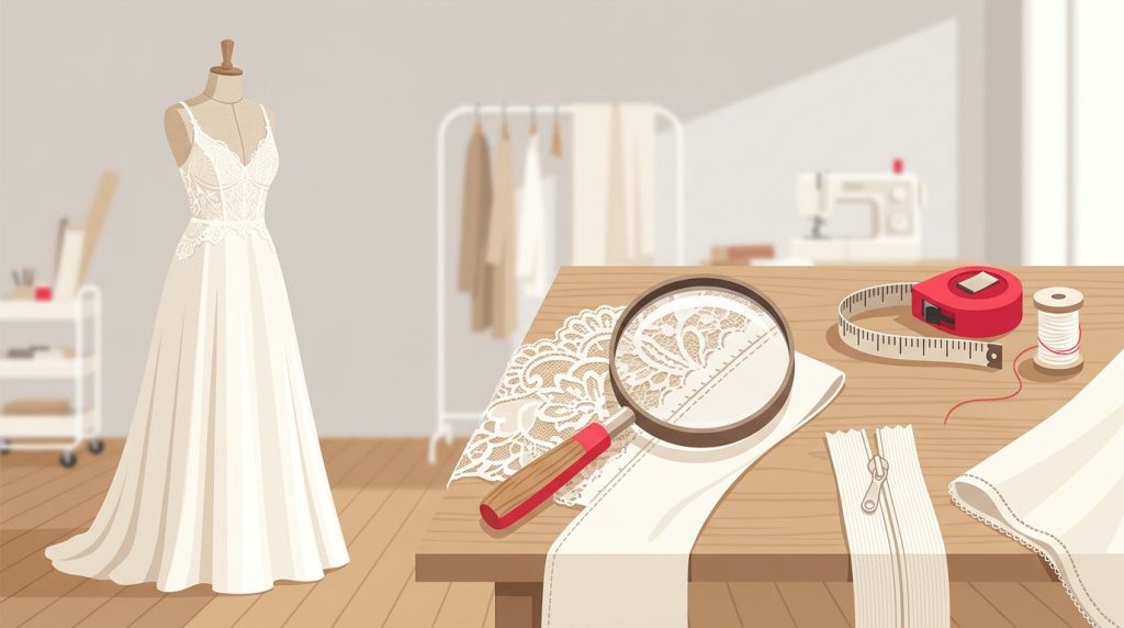 Abito da sposa su manichino con attrezzi da sarta e lente d'ingrandimento sul tavolo.